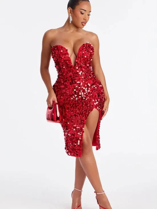 Fashion Nova Red Strapless Sequin Plunge Dress - Picture 2 of 7